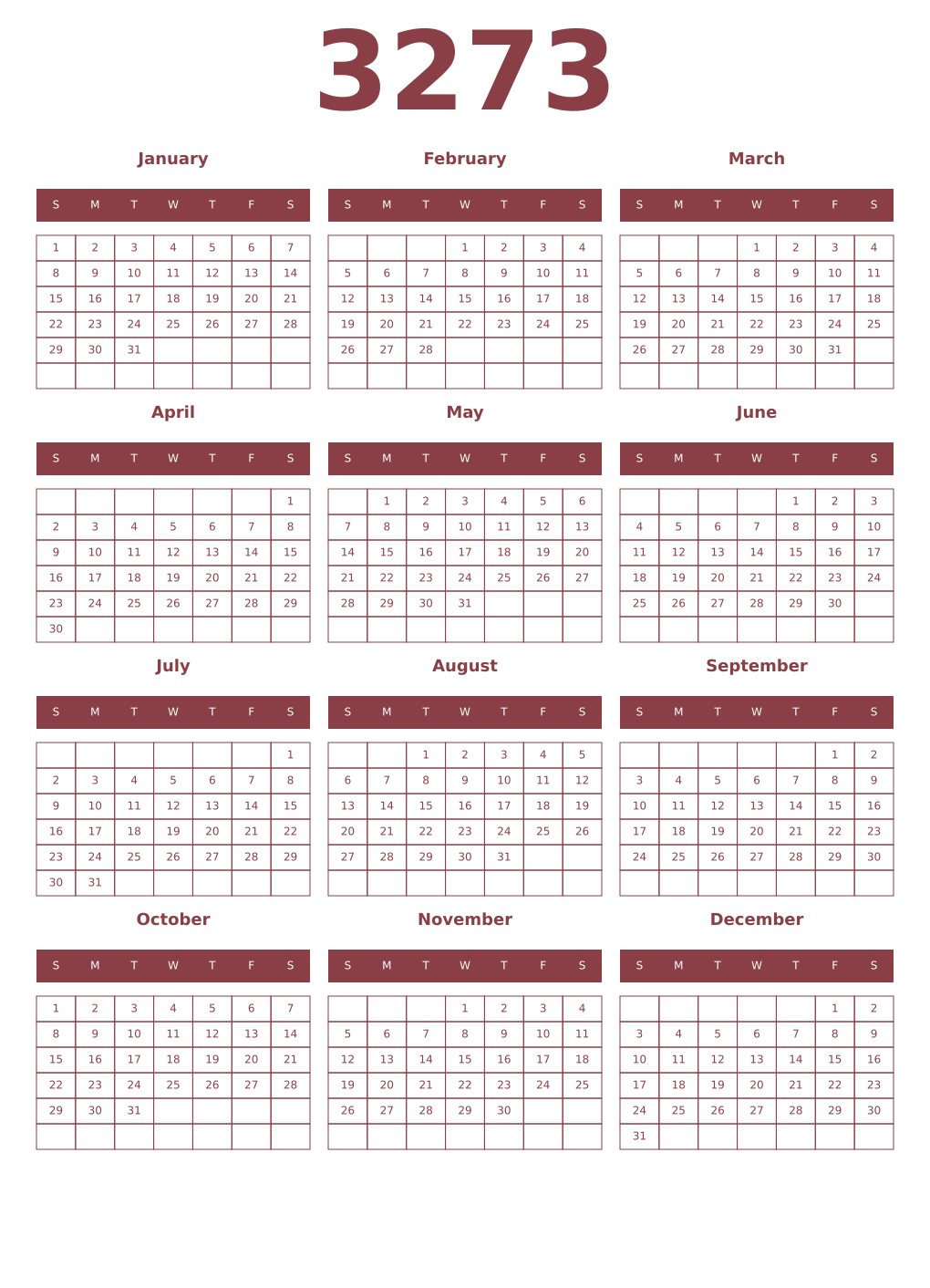 Printable 3273 Year Calendars cordovan