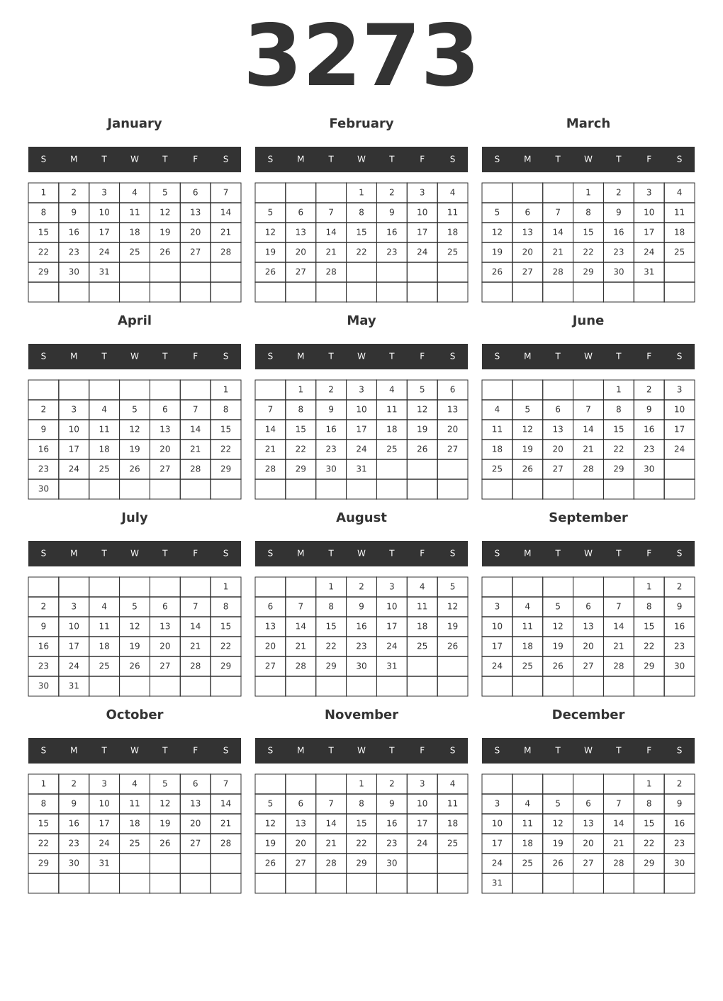 Printable 3273 Year Calendars dark