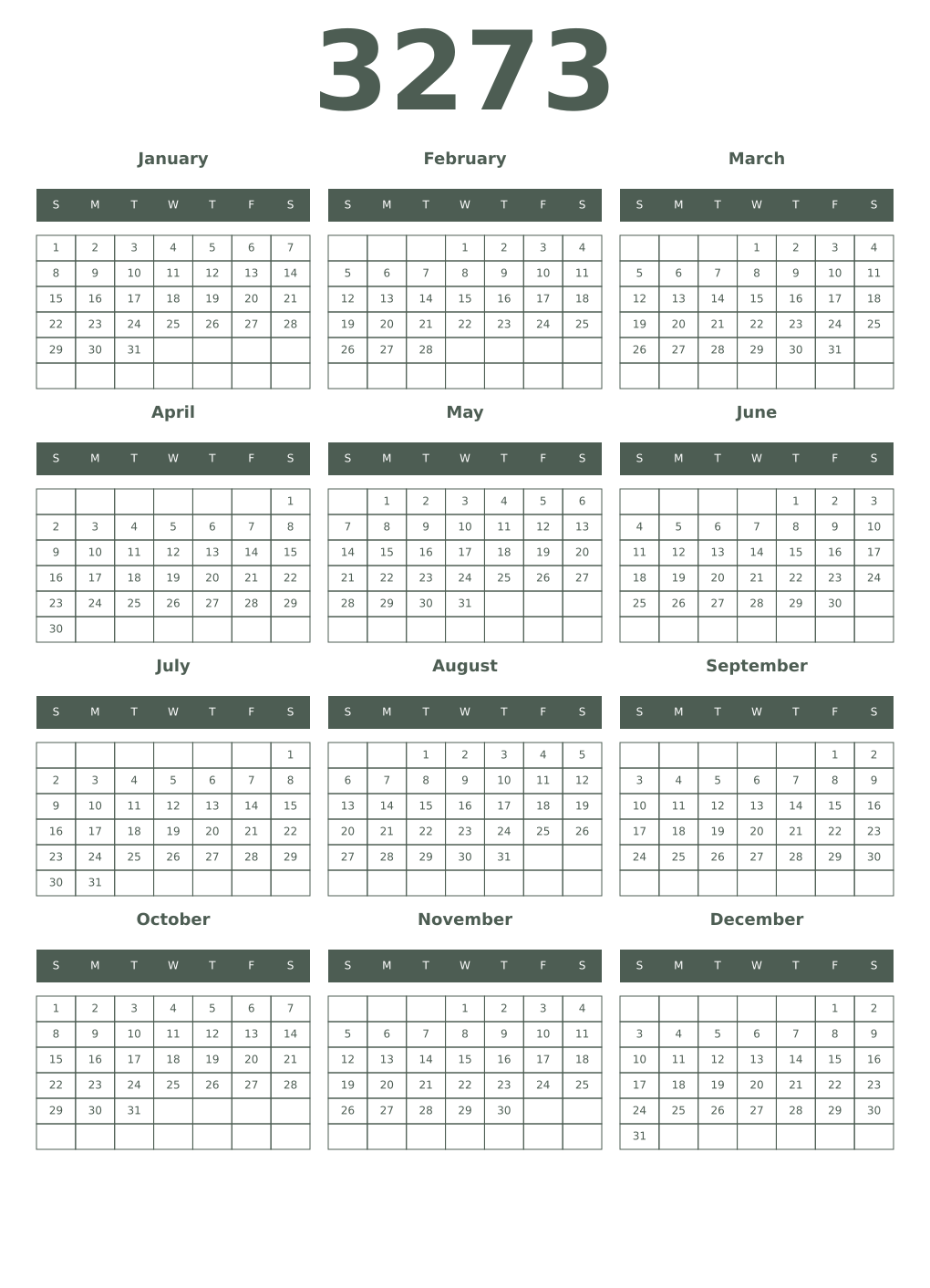 Printable 3273 Year Calendars feldgrau