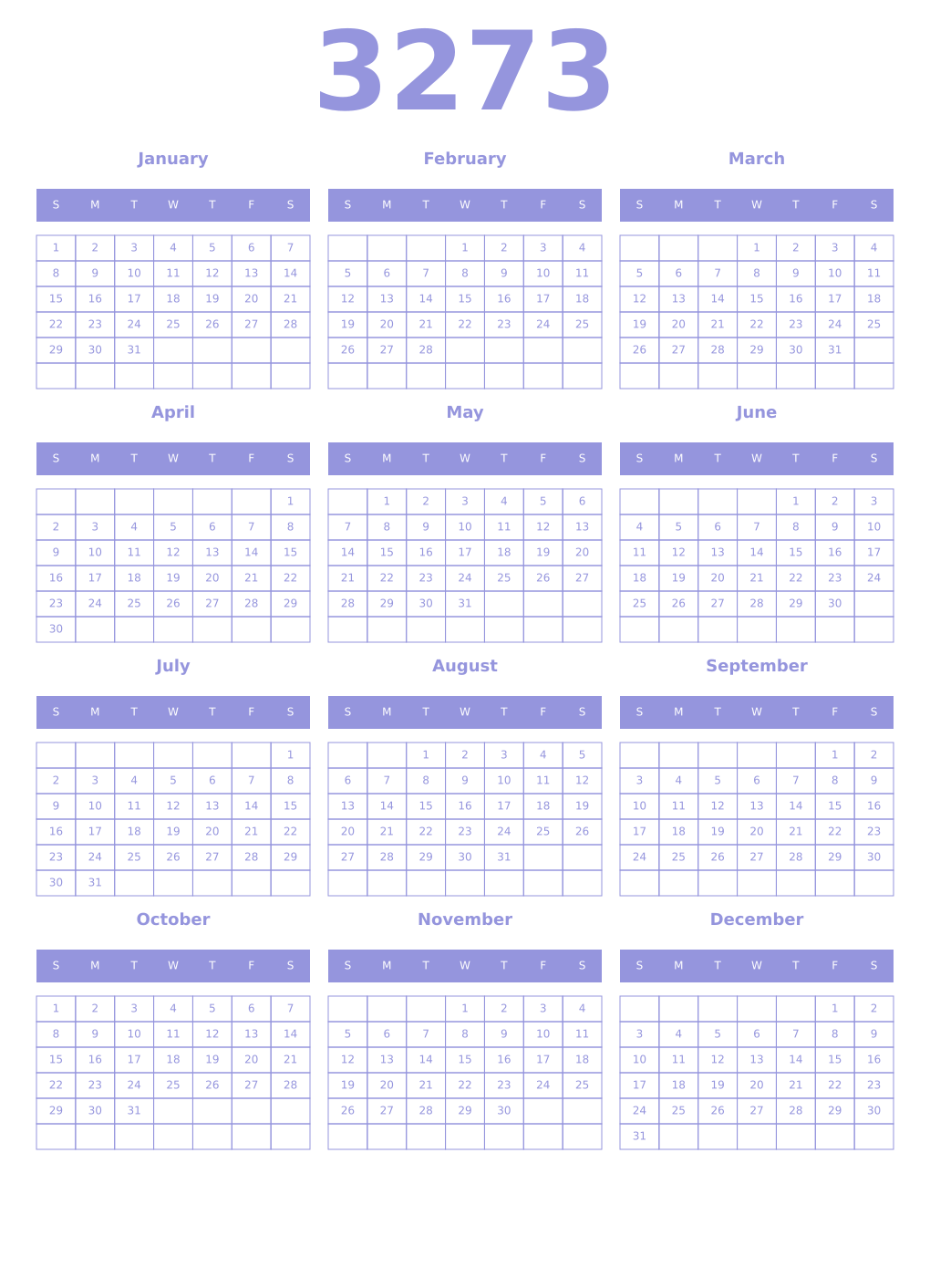 Printable 3273 Year Calendars periwinkle