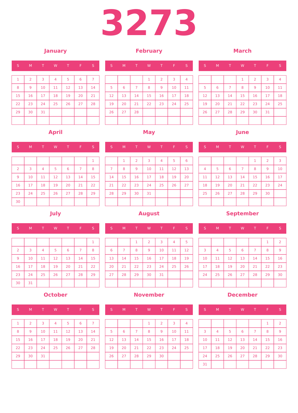 Printable 3273 Year Calendars pink