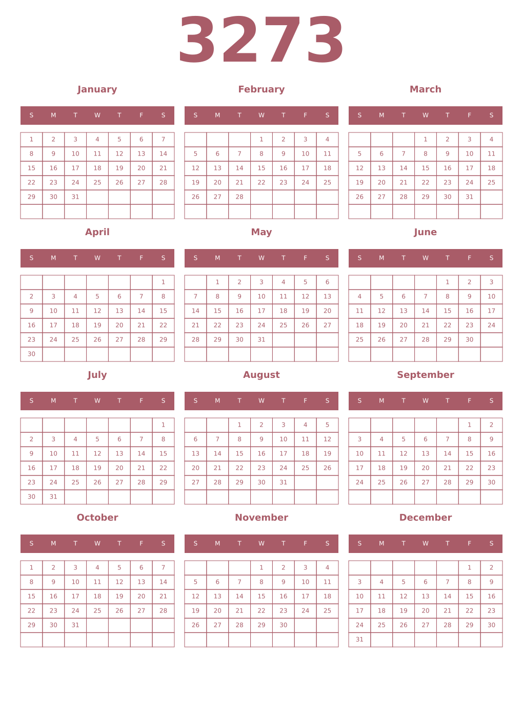 Printable 3273 Year Calendars puce