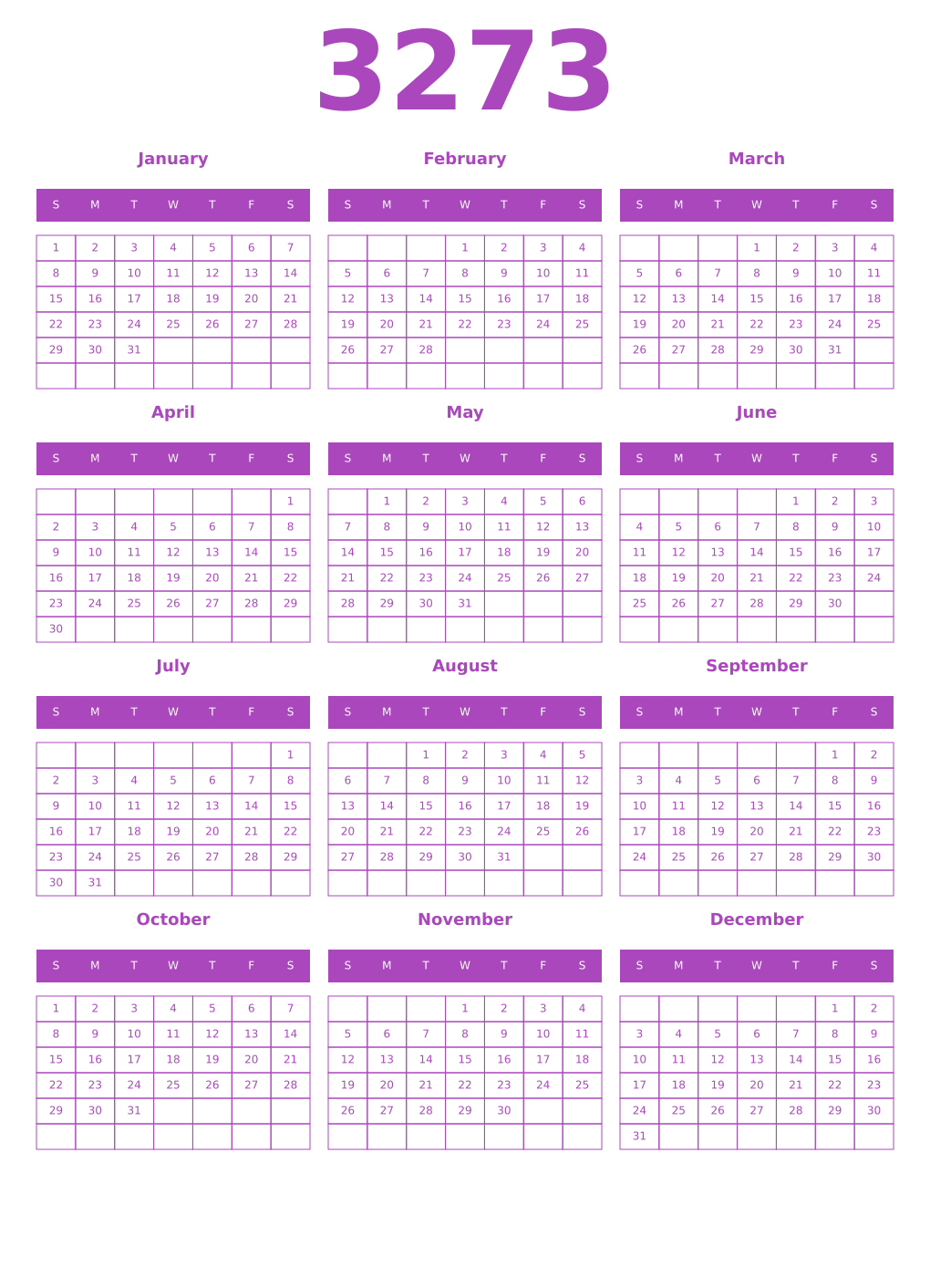 Printable 3273 Year Calendars purple