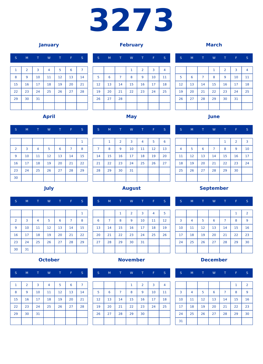 Printable 3273 Year Calendars smalt