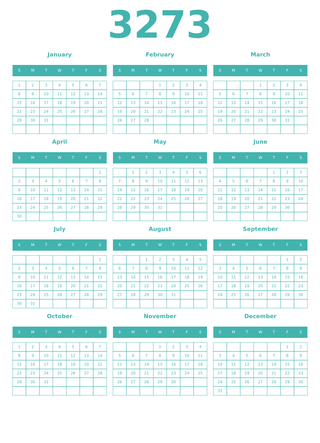 Printable 3273 Year Calendars verdigris