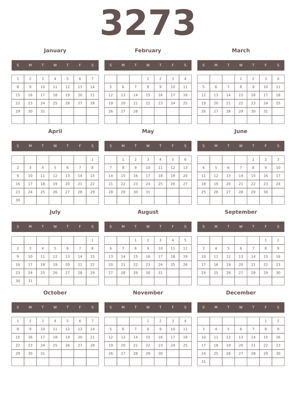 Printable 3273 Year Calendars wenge