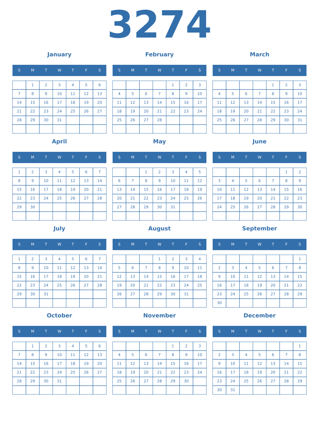 Printable 3274 Year Calendars blue