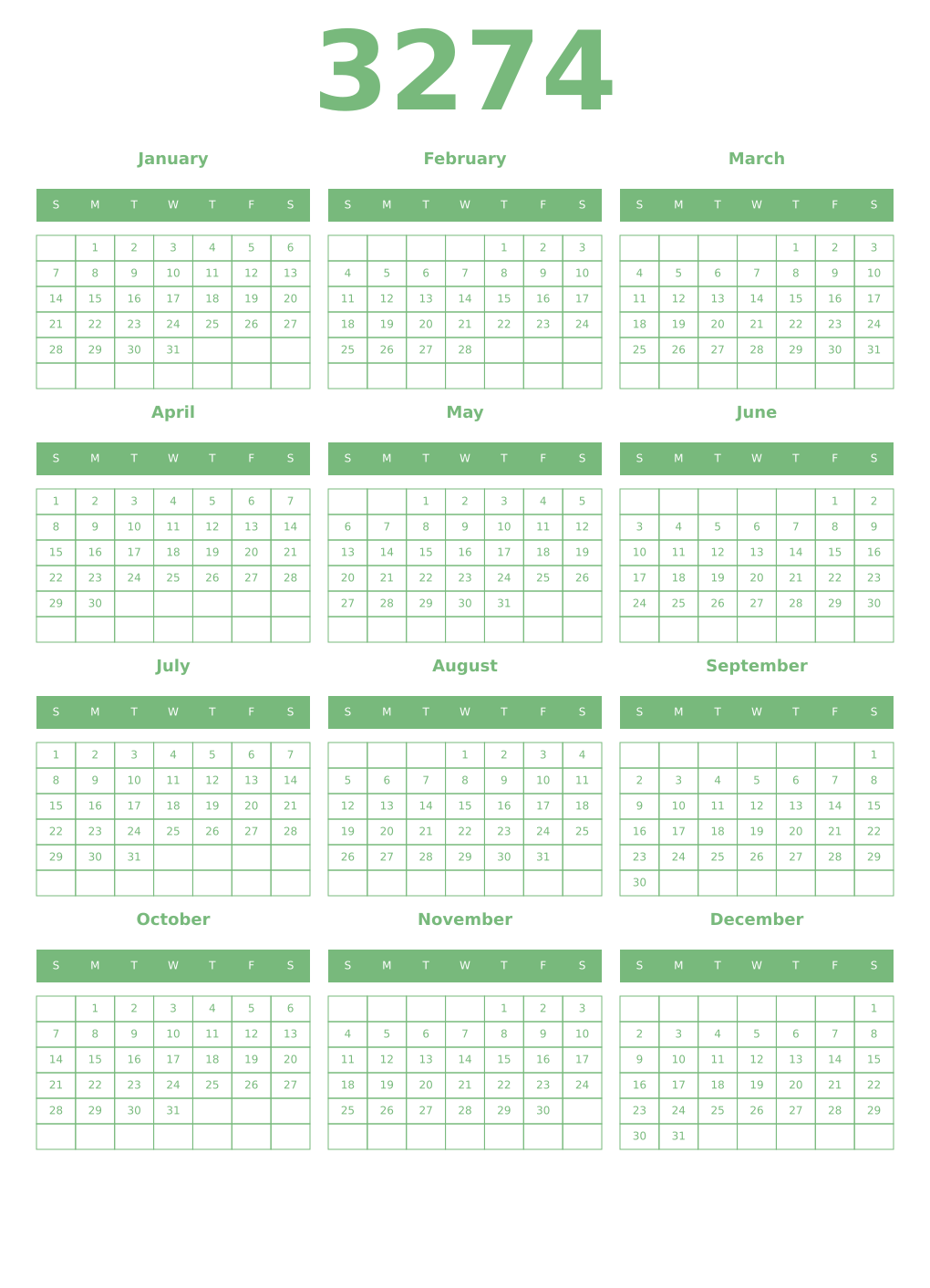 Printable 3274 Year Calendars celadon