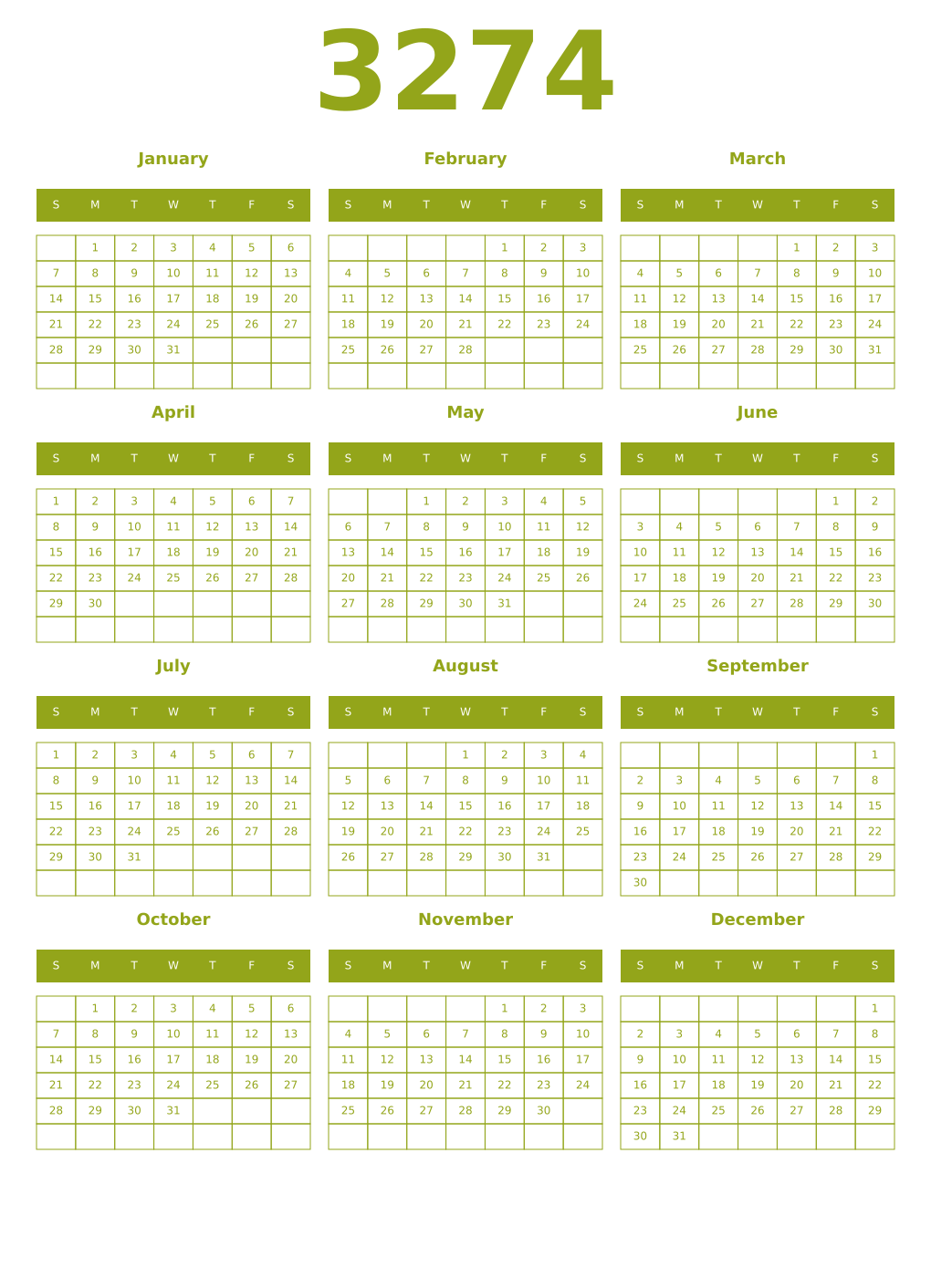 Printable 3274 Year Calendars chartreuse