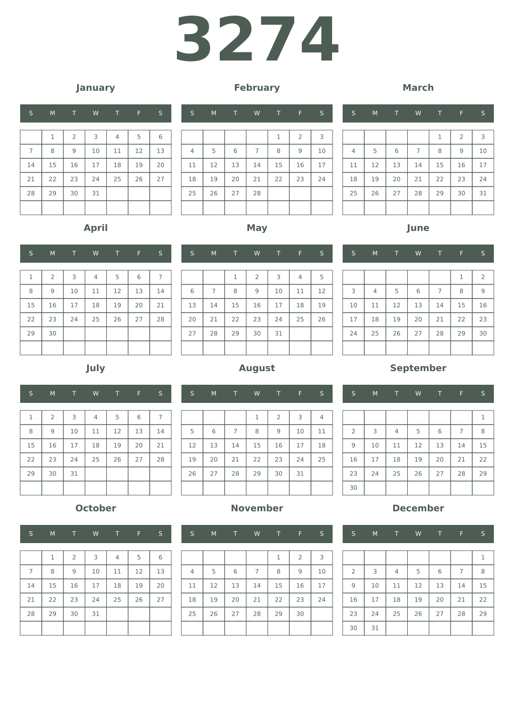 Printable 3274 Year Calendars feldgrau