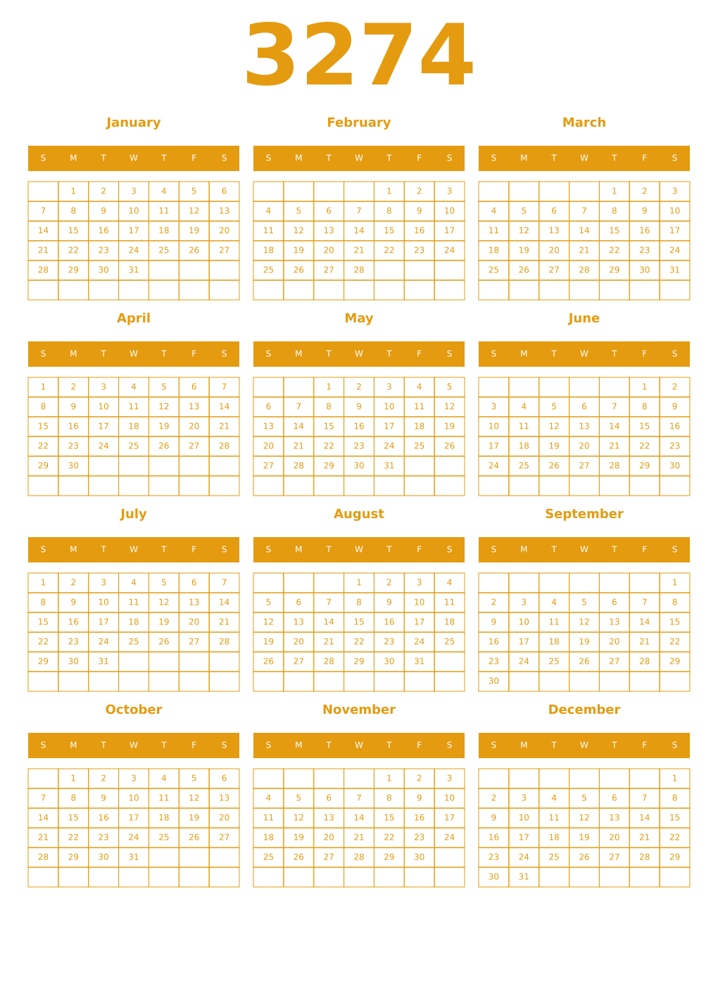 Printable 3274 Year Calendars gamboge