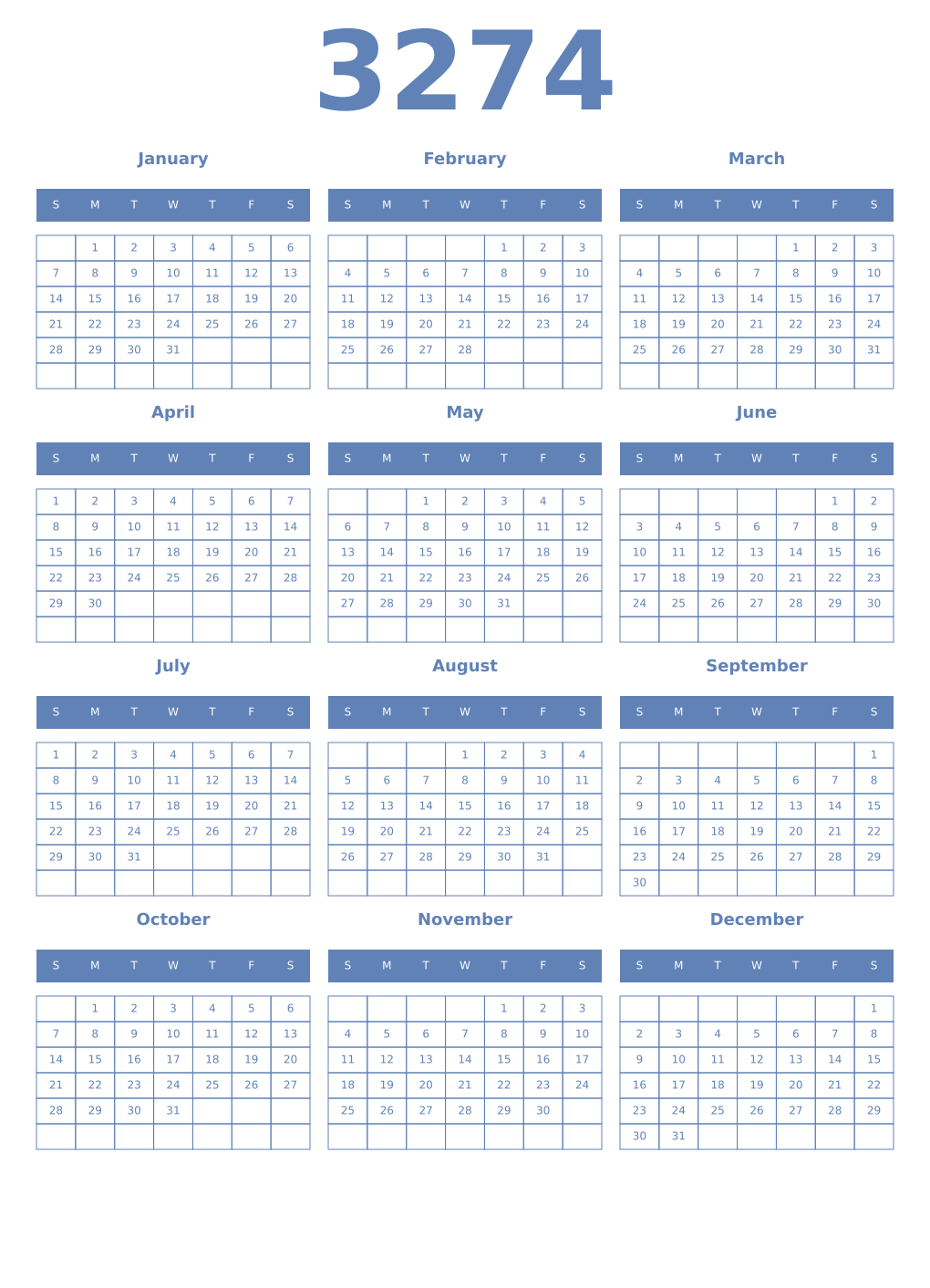 Printable 3274 Year Calendars glaucous