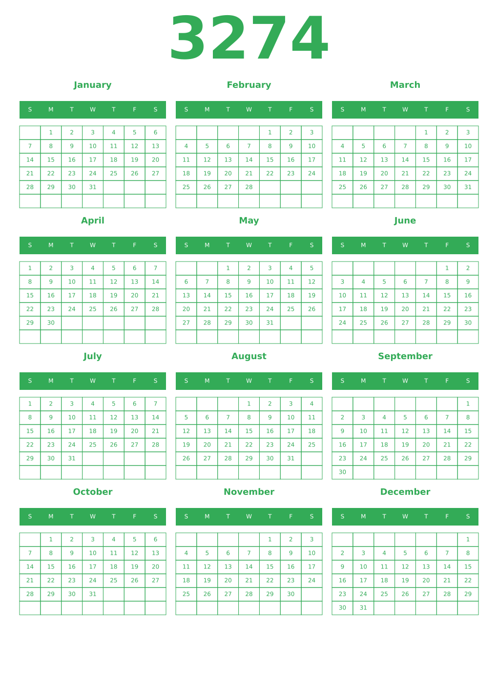 Printable 3274 Year Calendars green