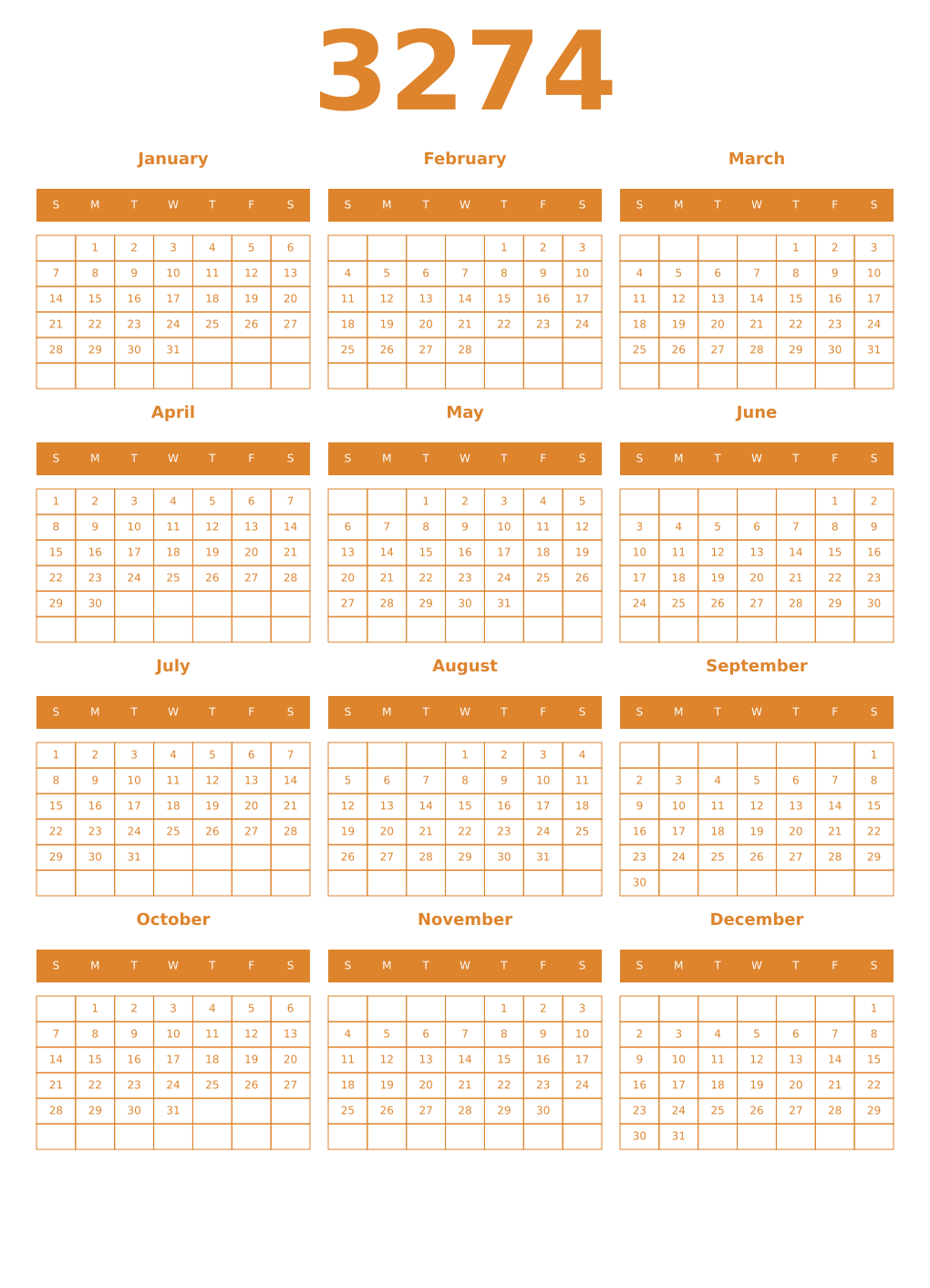 Printable 3274 Year Calendars orange
