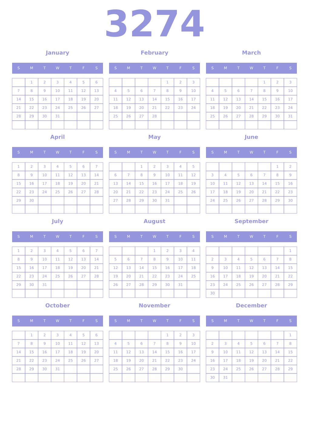 Printable 3274 Year Calendars periwinkle