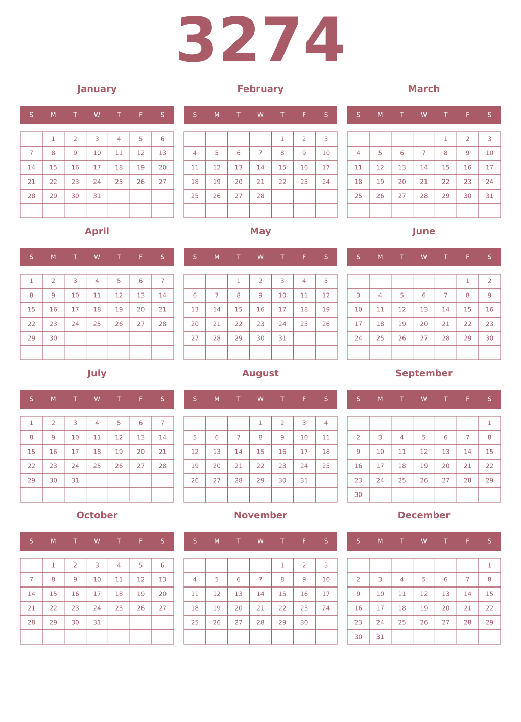 Printable 3274 Year Calendars puce