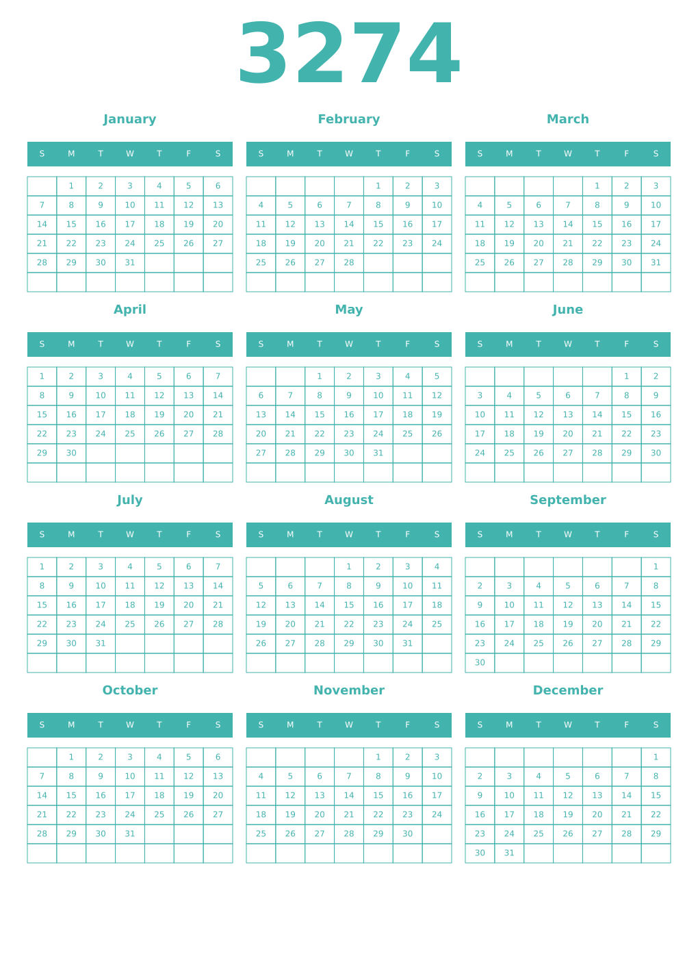 Printable 3274 Year Calendars verdigris