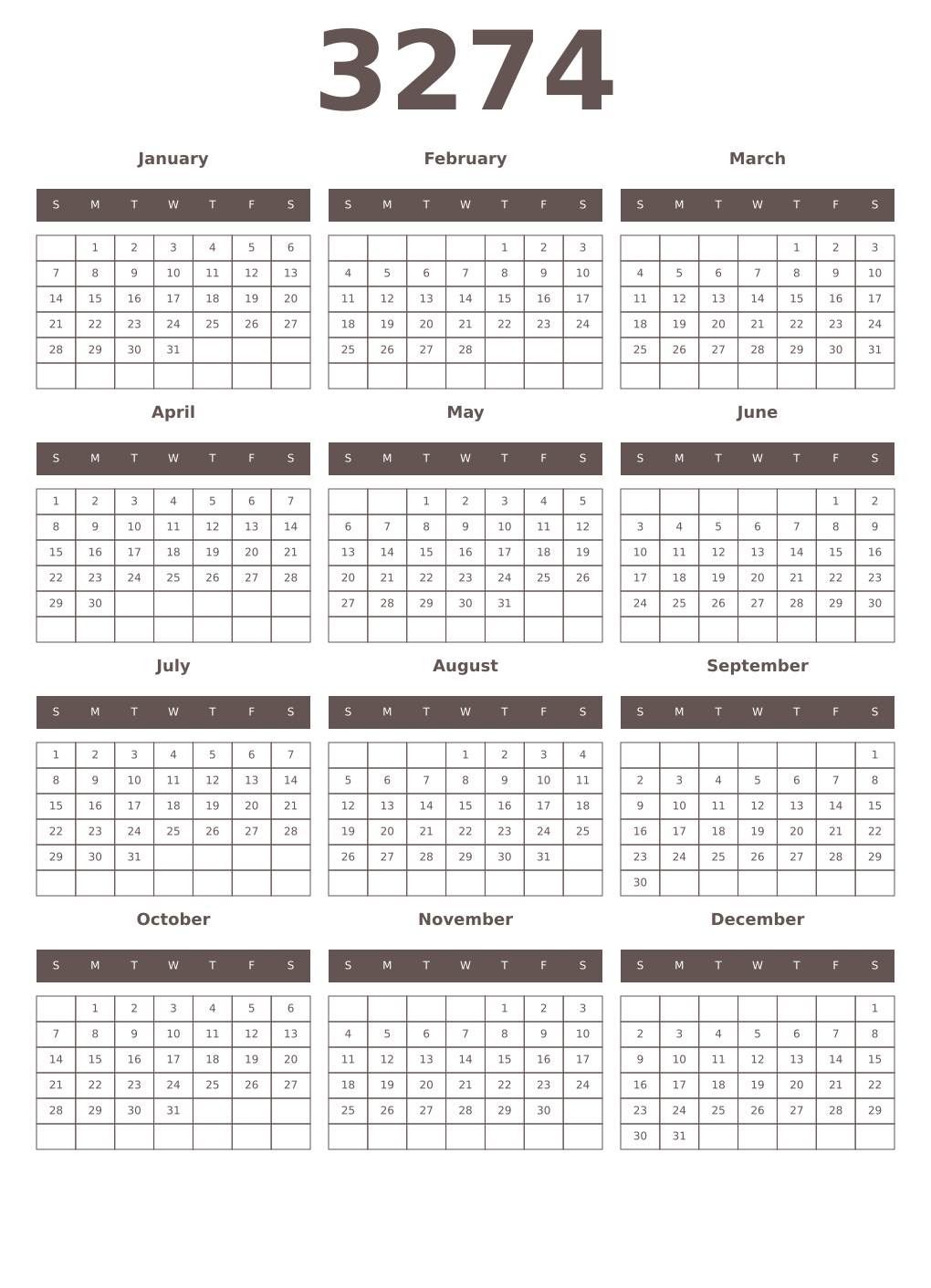 Printable 3274 Year Calendars wenge