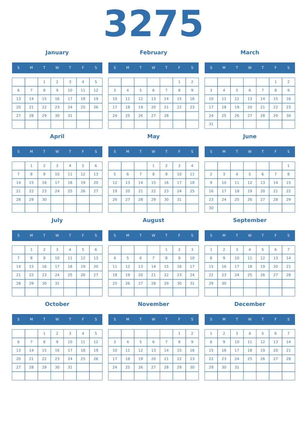 Printable 3275 Year Calendars blue