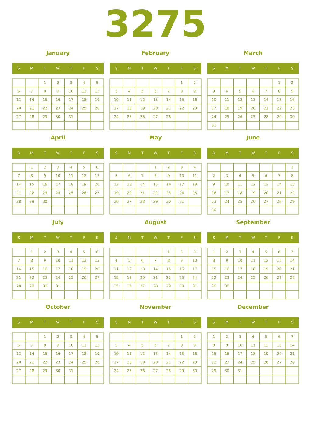 Printable 3275 Year Calendars chartreuse