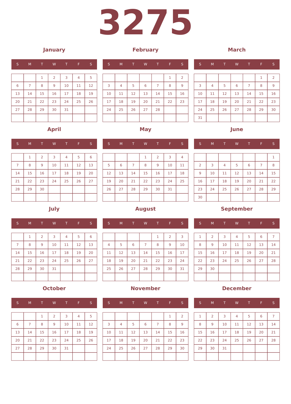 Printable 3275 Year Calendars cordovan