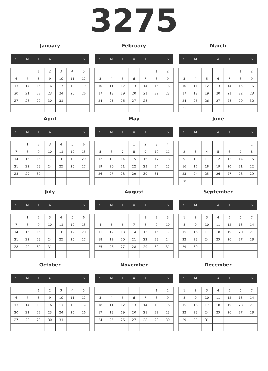 Printable 3275 Year Calendars dark