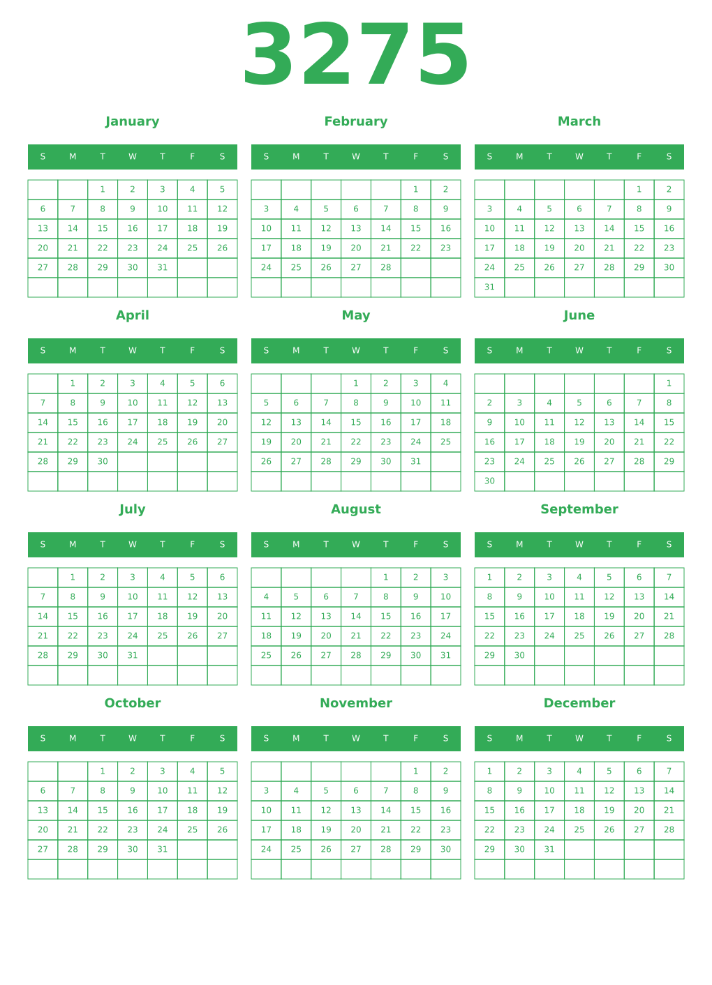 Printable 3275 Year Calendars green