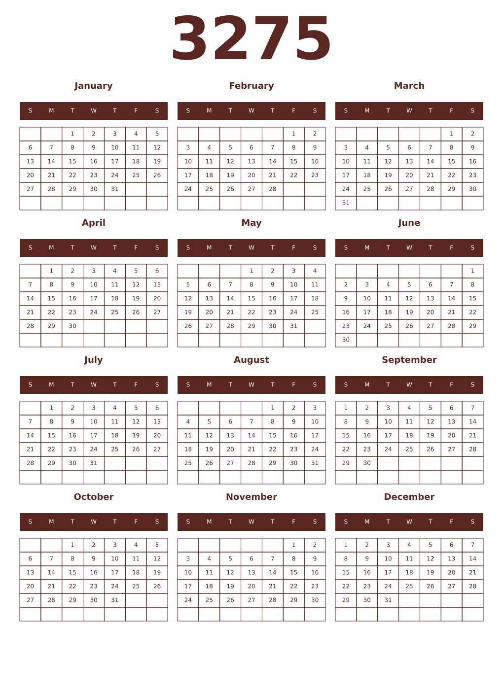 Printable 3275 Year Calendars mortuum