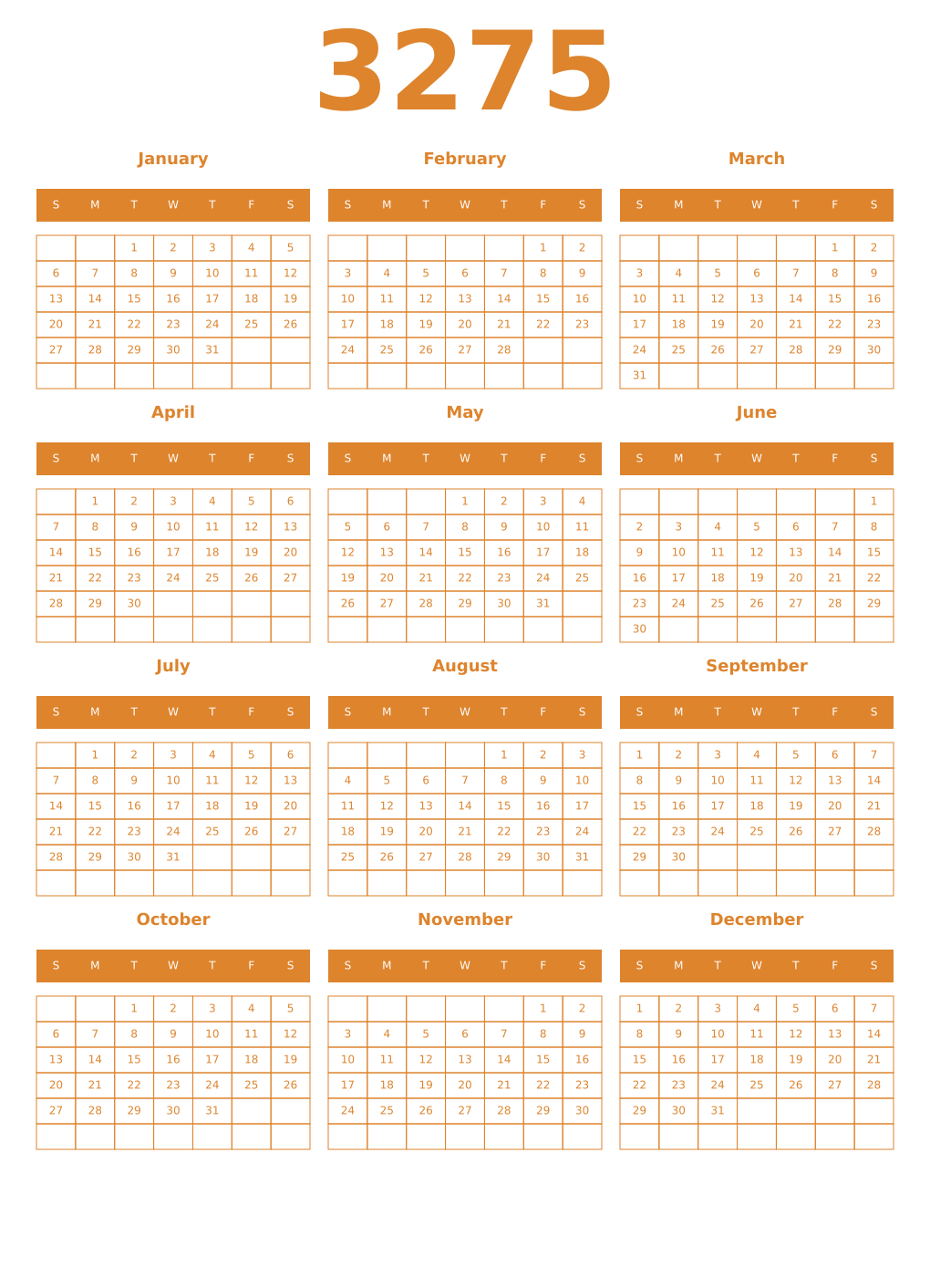 Printable 3275 Year Calendars orange