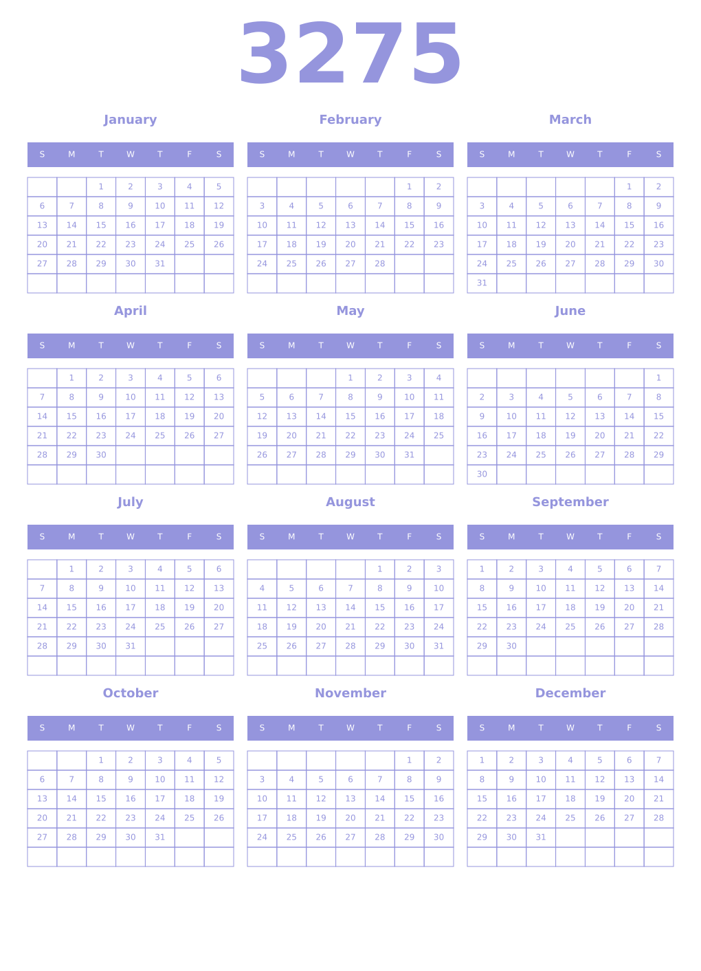 Printable 3275 Year Calendars periwinkle