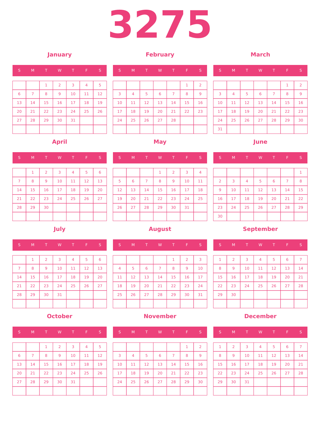 Printable 3275 Year Calendars pink