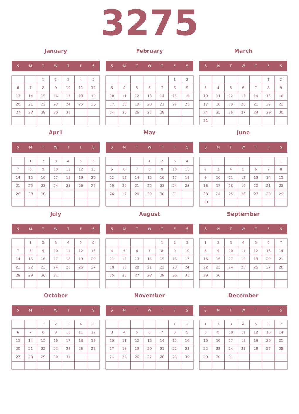 Printable 3275 Year Calendars puce