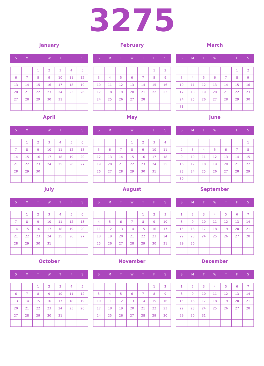 Printable 3275 Year Calendars purple