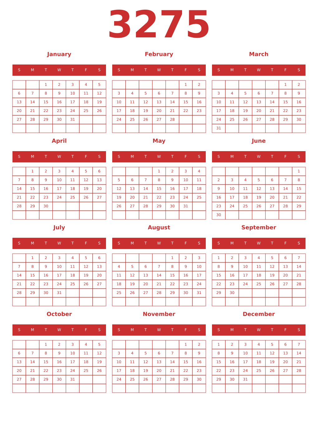 Printable 3275 Year Calendars red