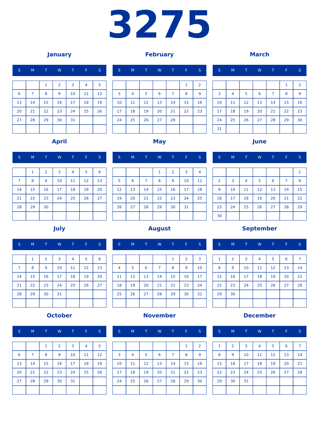 Printable 3275 Year Calendars smalt