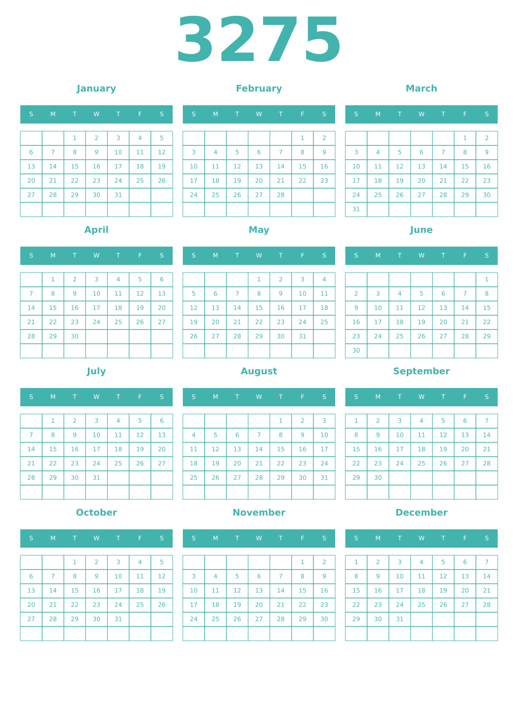 Printable 3275 Year Calendars verdigris