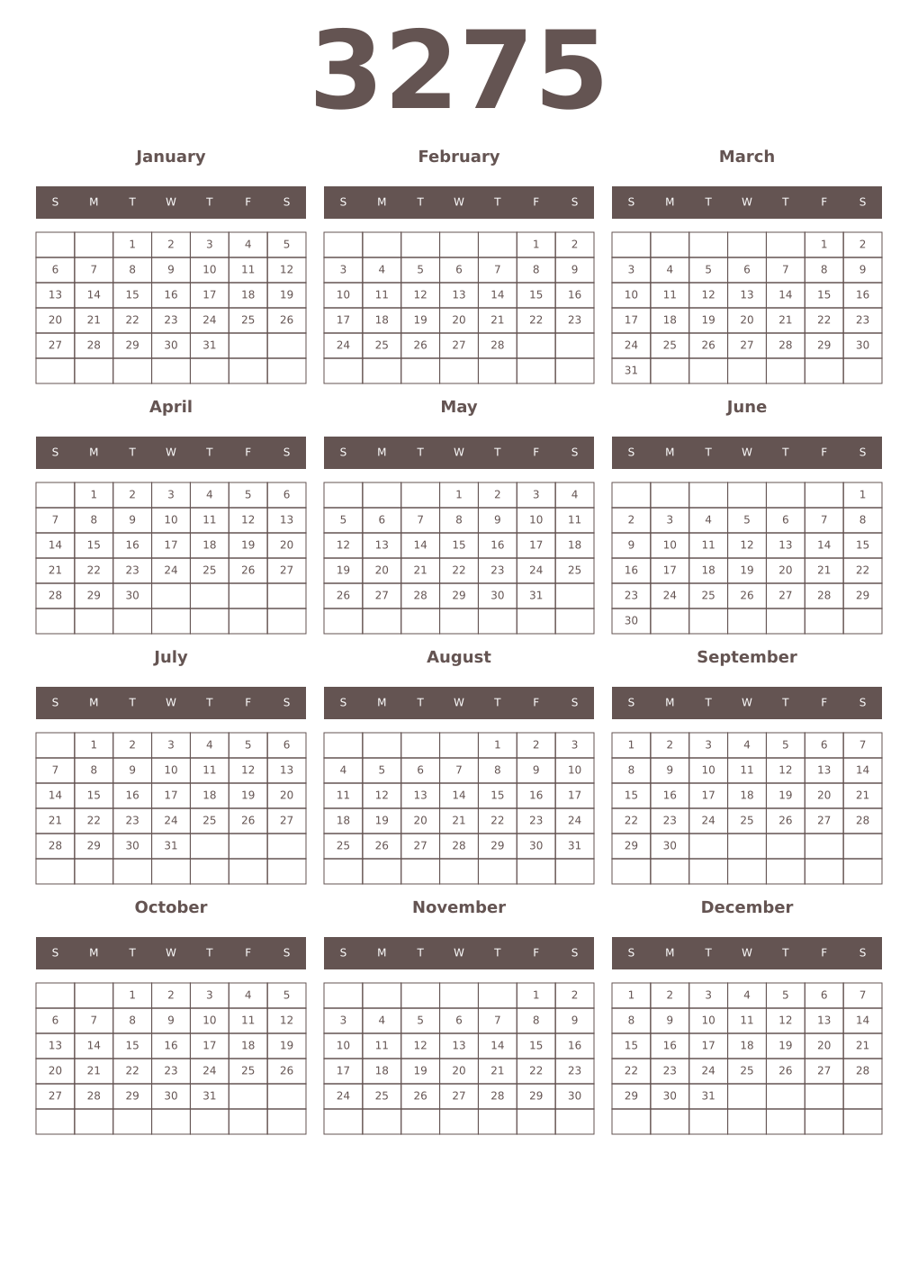 Printable 3275 Year Calendars wenge