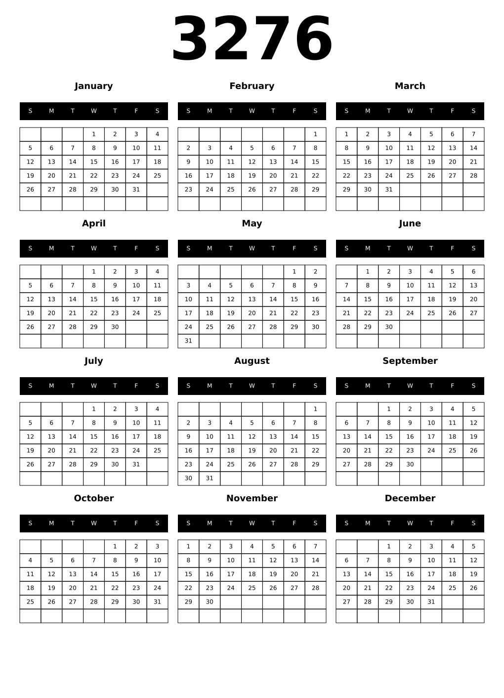Printable 3276 Year Calendars black