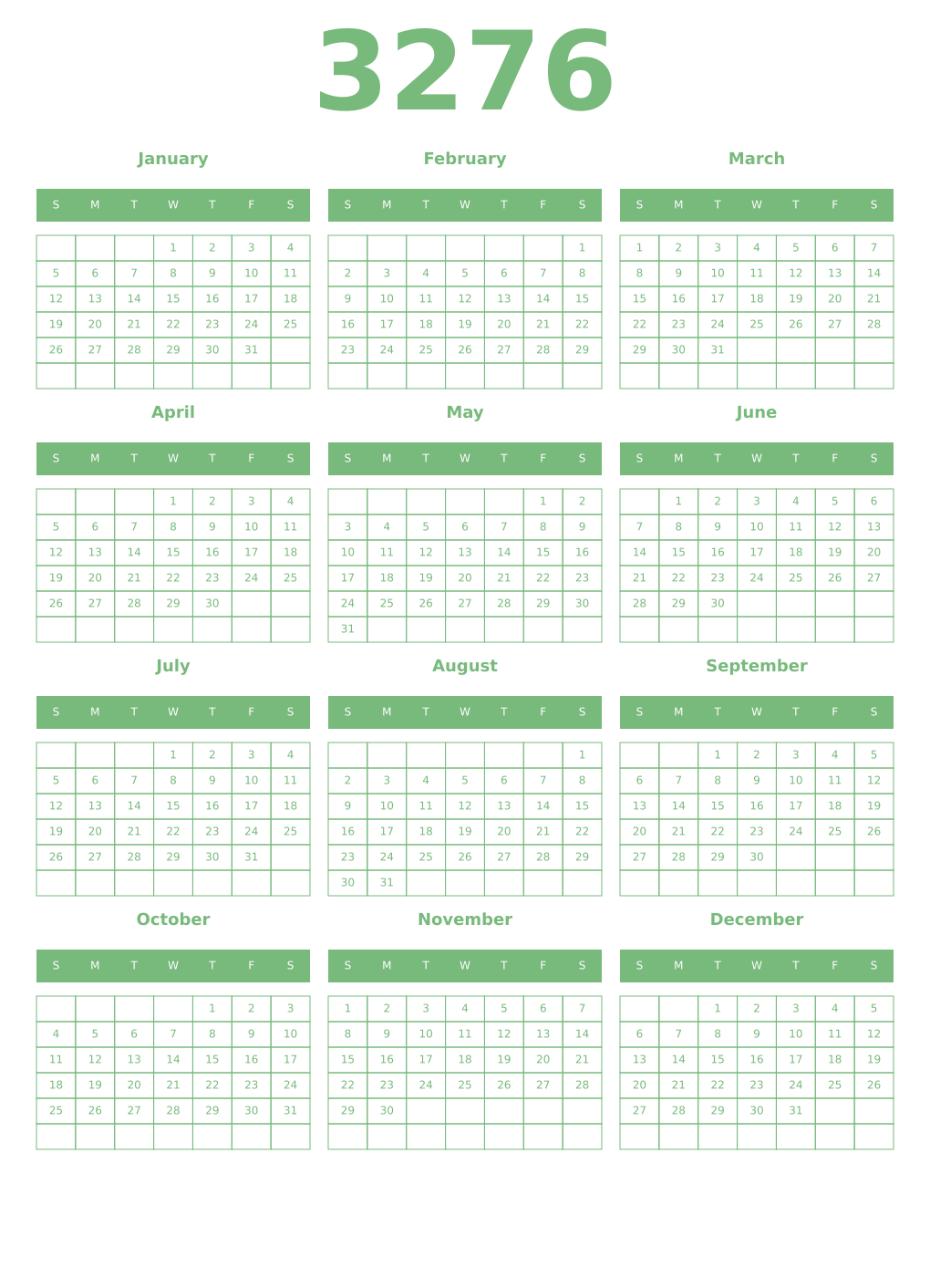 Printable 3276 Year Calendars celadon