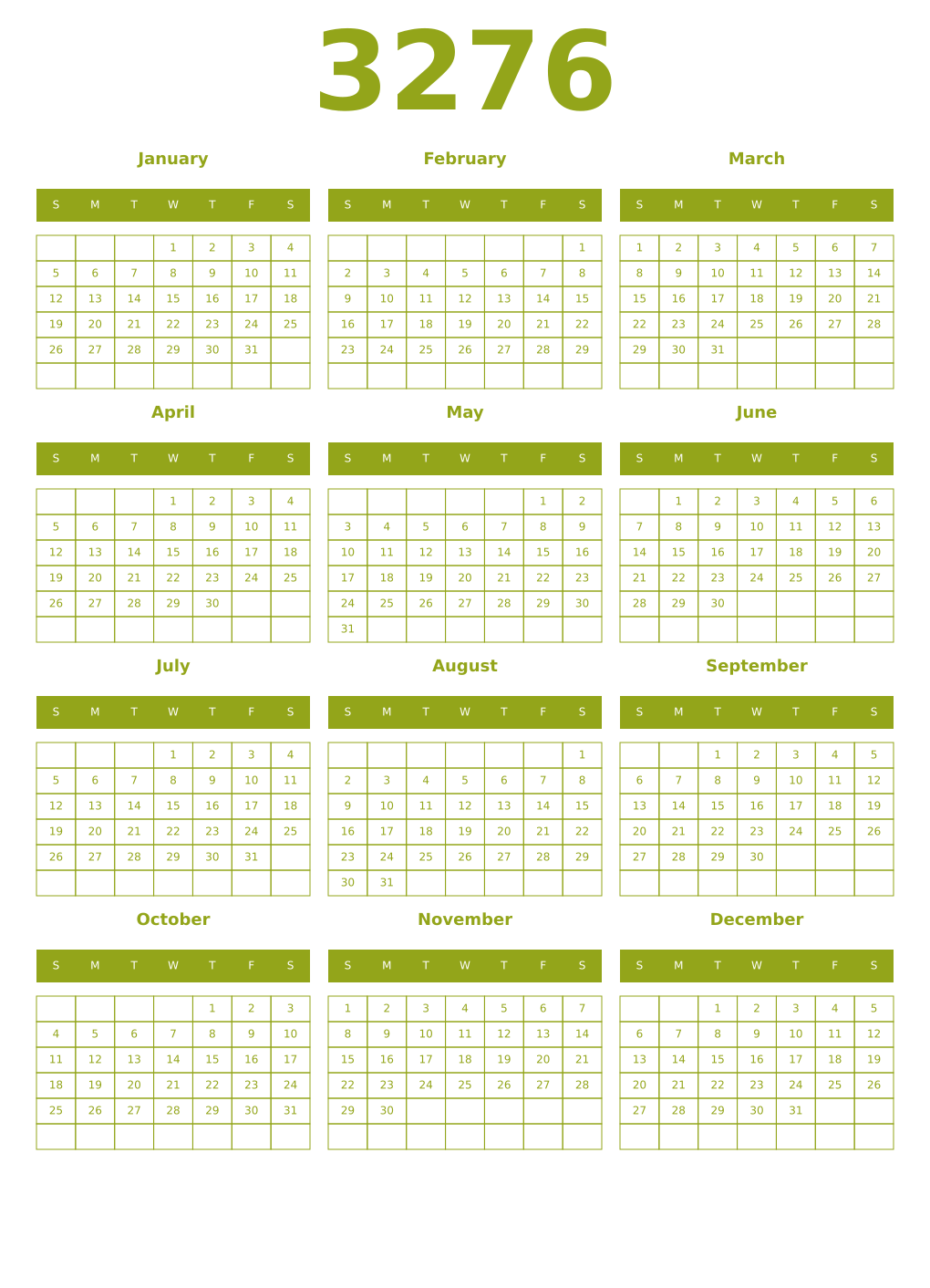 Printable 3276 Year Calendars chartreuse