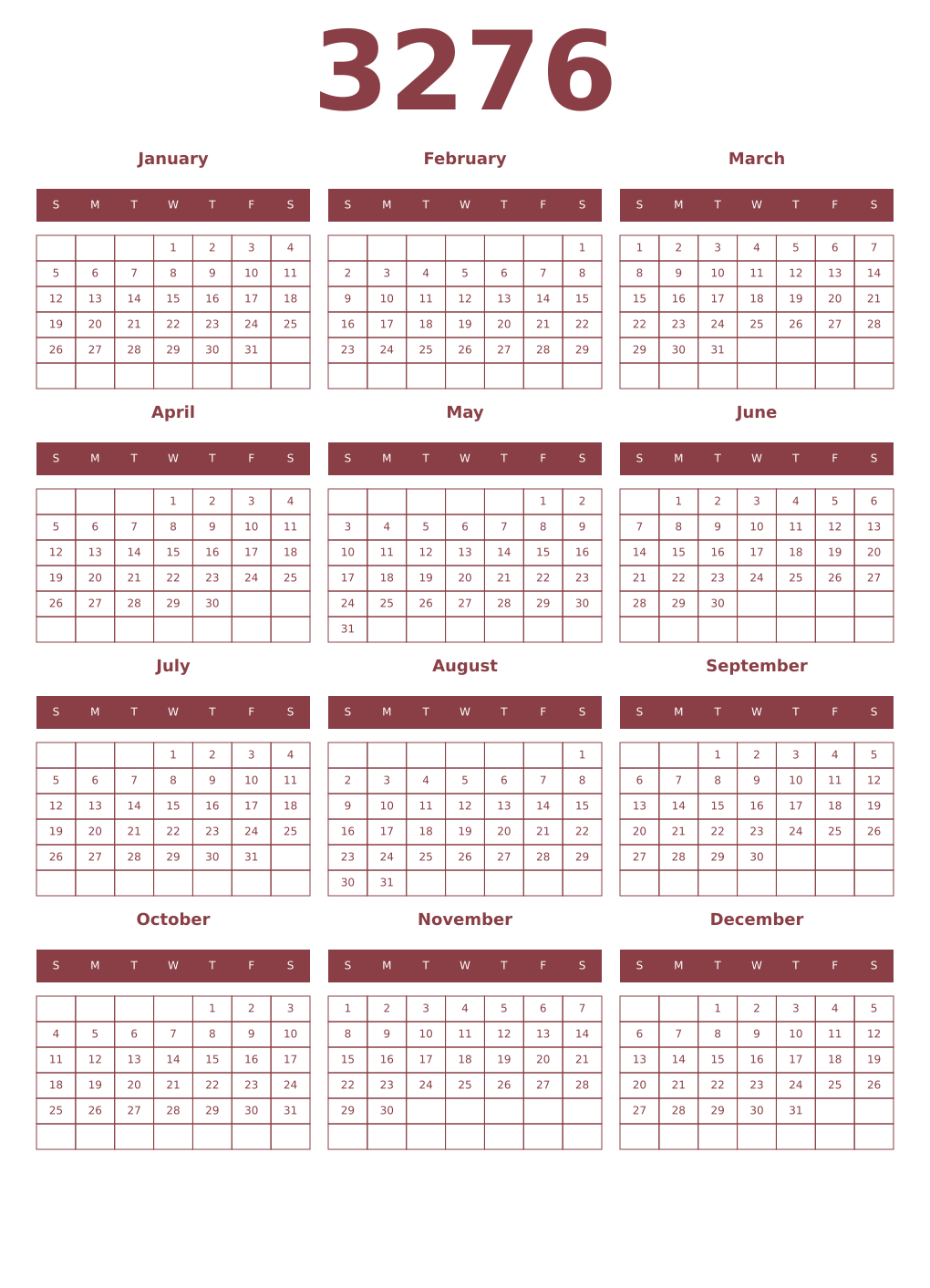 Printable 3276 Year Calendars cordovan