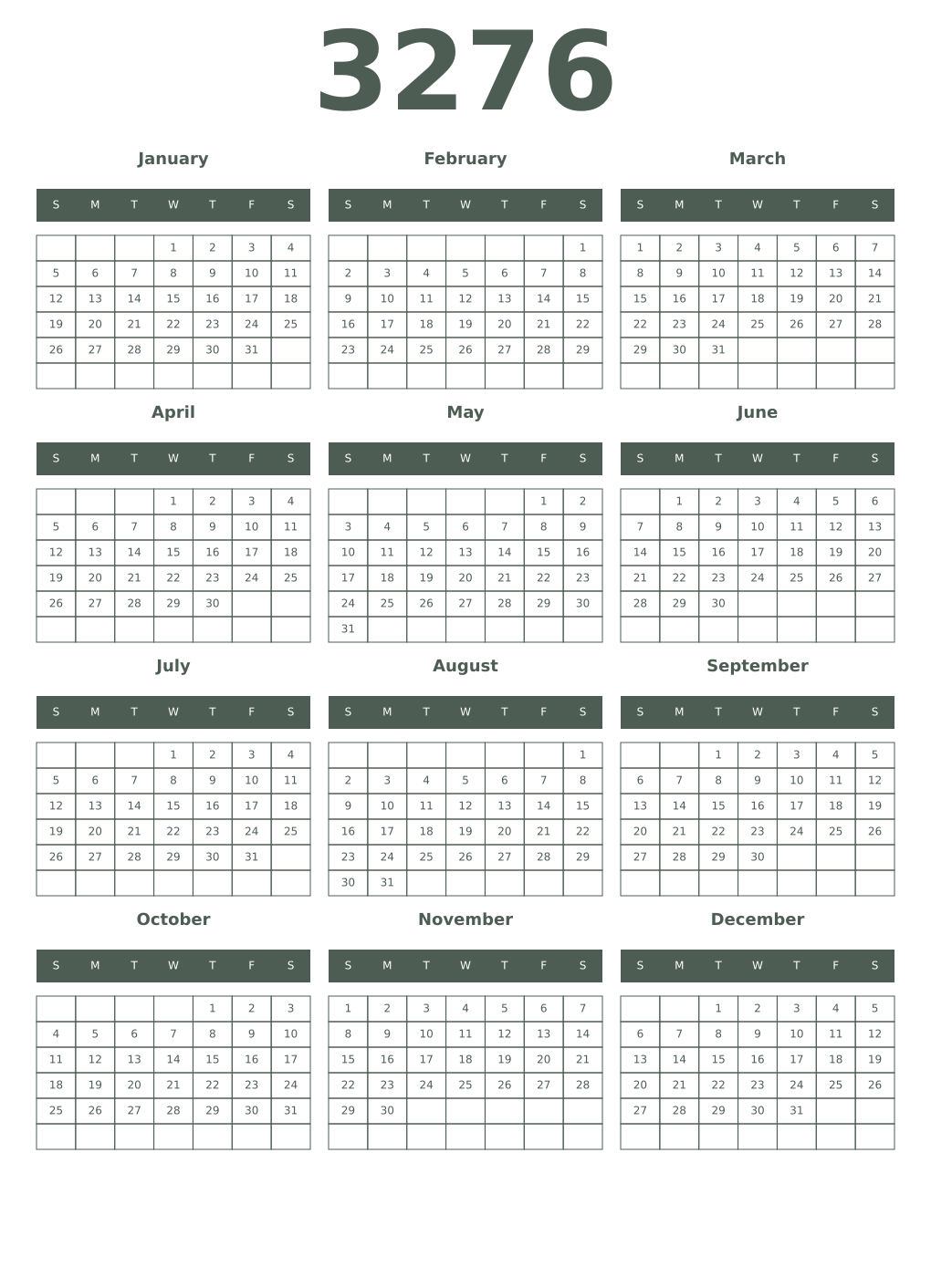 Printable 3276 Year Calendars feldgrau