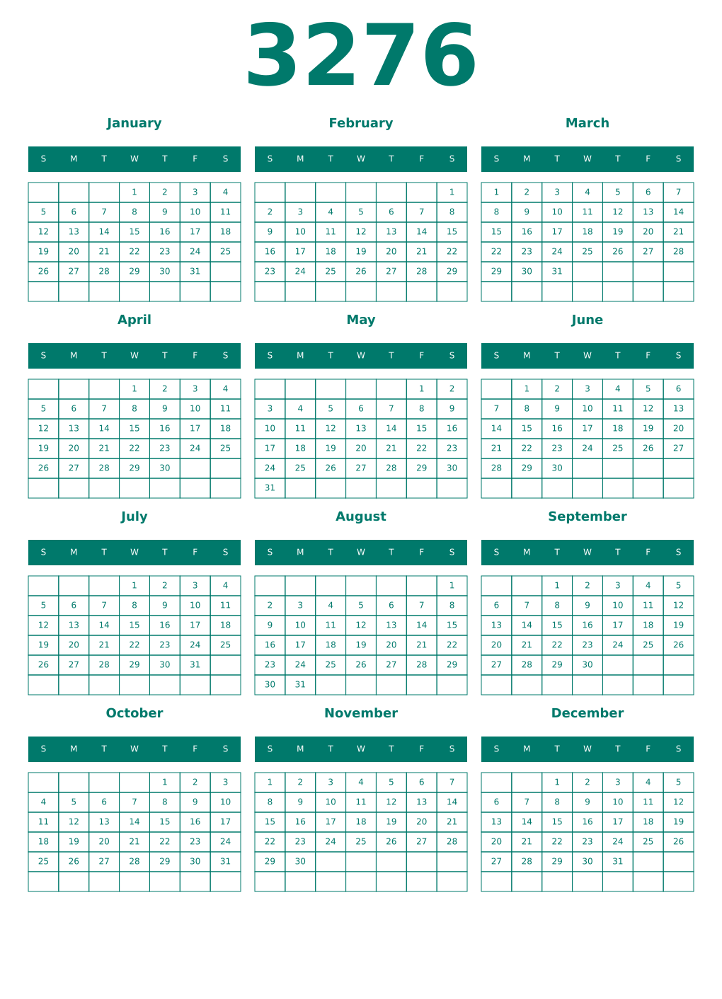 Printable 3276 Year Calendars pastel