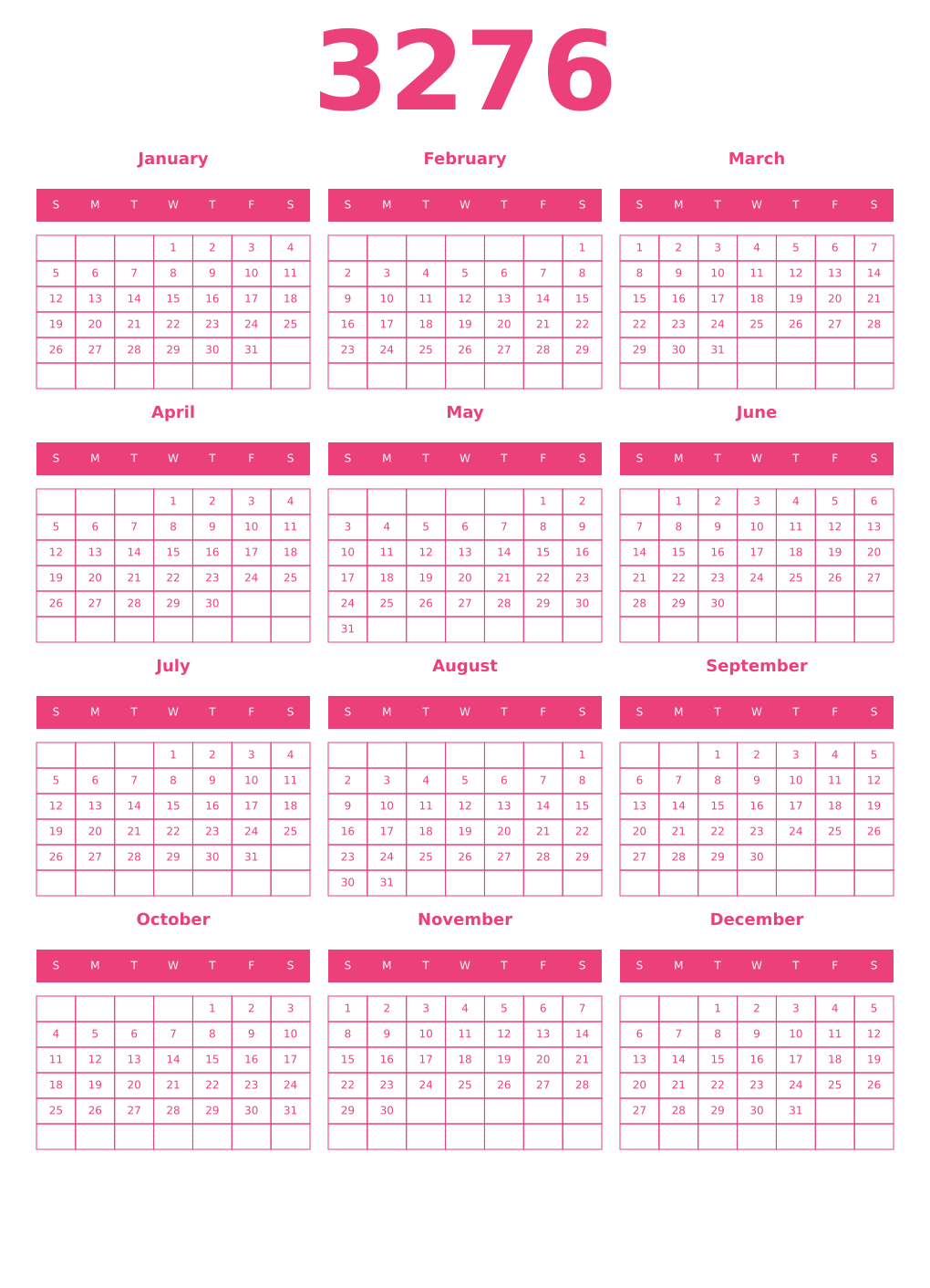 Printable 3276 Year Calendars pink