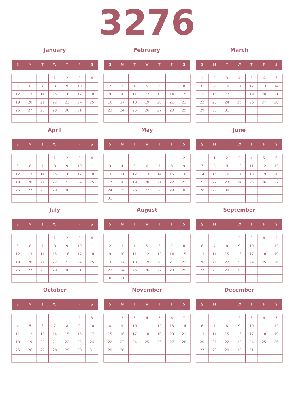 Printable 3276 Year Calendars puce