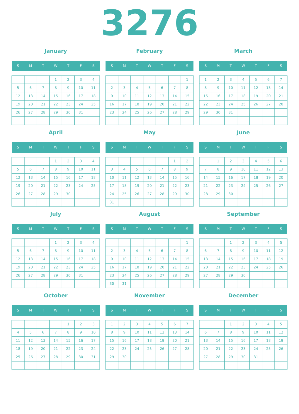 Printable 3276 Year Calendars verdigris