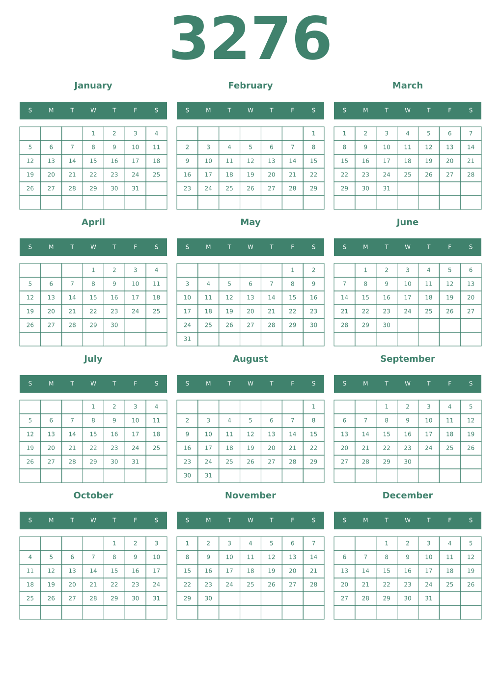 Printable 3276 Year Calendars viridian