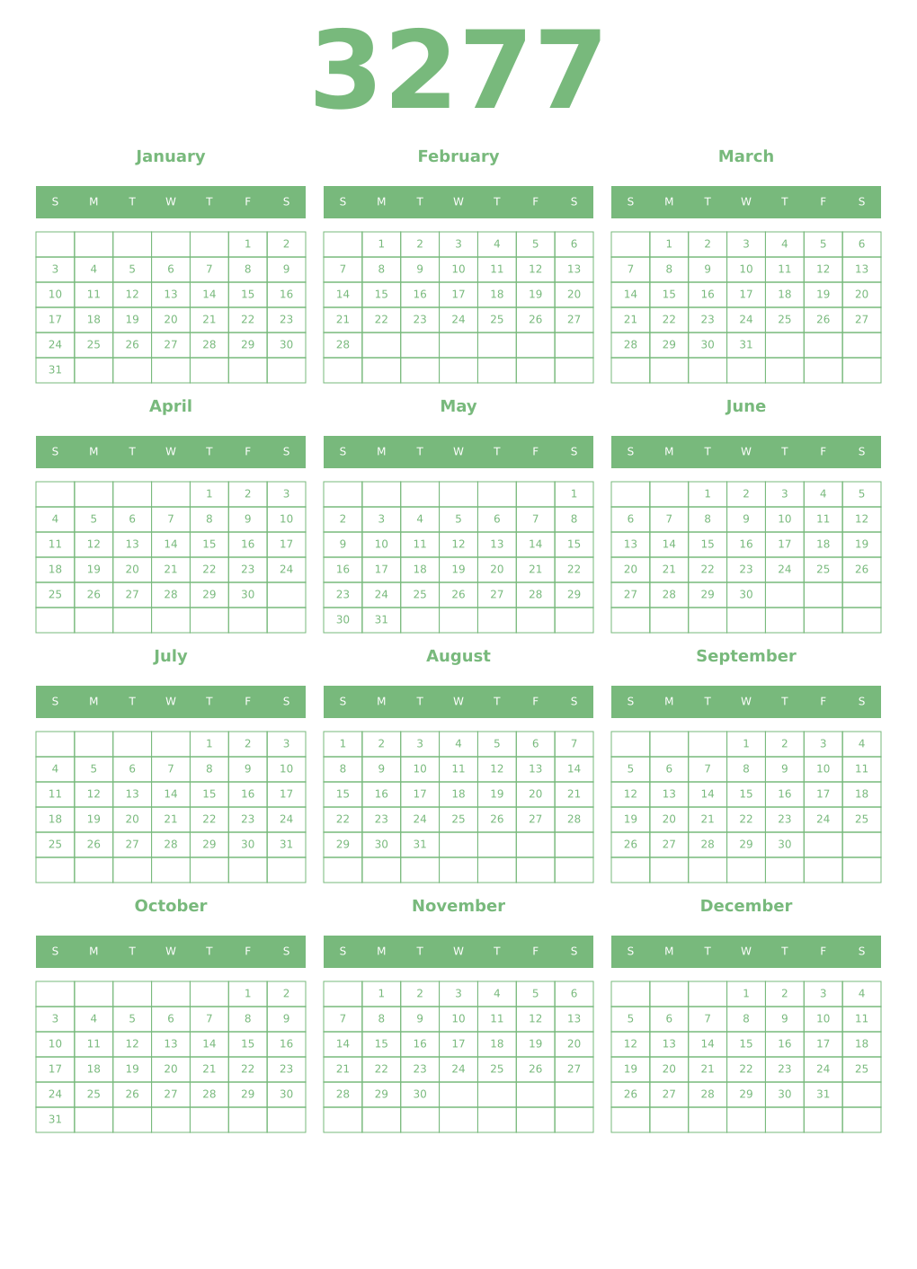 Printable 3277 Year Calendars celadon
