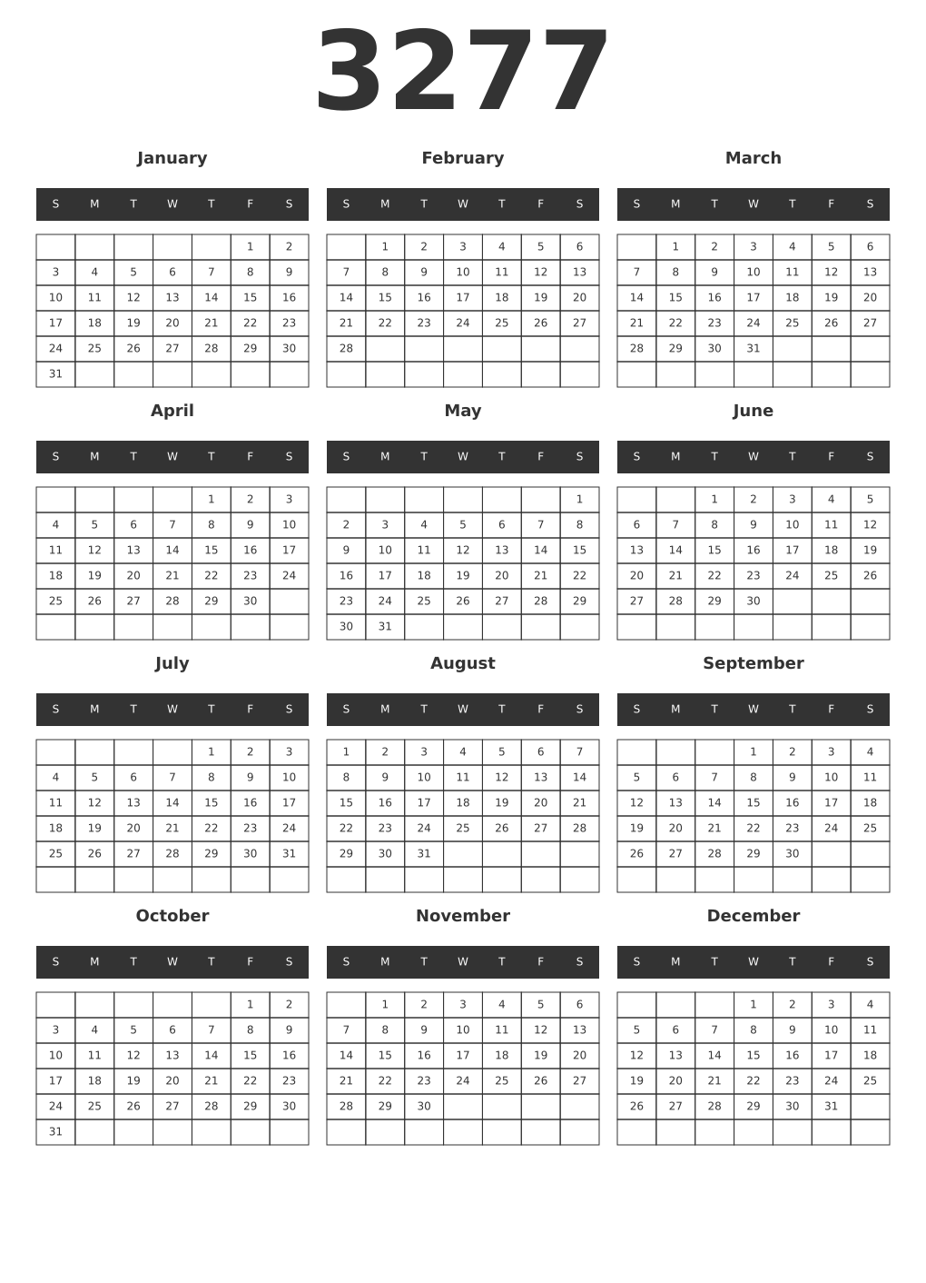Printable 3277 Year Calendars dark