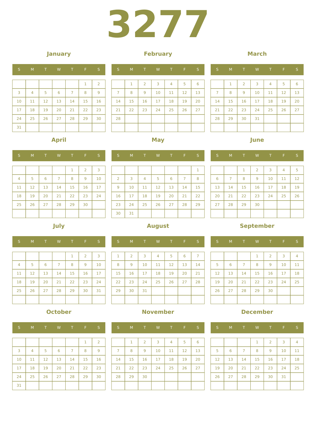 Printable 3277 Year Calendars eburnean